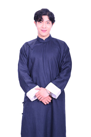 Mandarin Square男裝深藍色亞麻有裡長衫