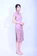 Line & Curve 真絲紫底粉花雙綑小短袖中長旗袍YL1173-3