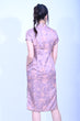 Line & Curve 真絲紫底粉花雙綑小短袖中長旗袍YL1173-3