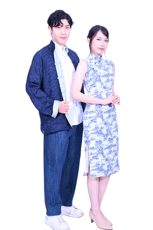 Mandarin Square真絲八仙花雙面灰色/寶藍外套