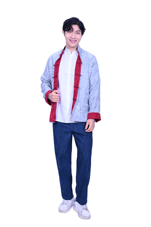 Mandarin Square Silk Reversible Jacket Grey/RED