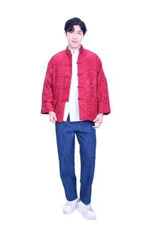 Mandarin Square 男裝棗紅色真絲八仙花脫毛領真絲棉衣