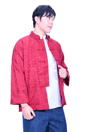 Mandarin Square 男裝棗紅色真絲八仙花脫毛領真絲棉衣