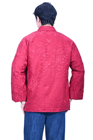 Mandarin Square 男裝棗紅色真絲八仙花脫毛領真絲棉衣