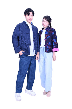 Mandarin Square 男裝灰色真絲八仙花脫毛領真絲棉衣