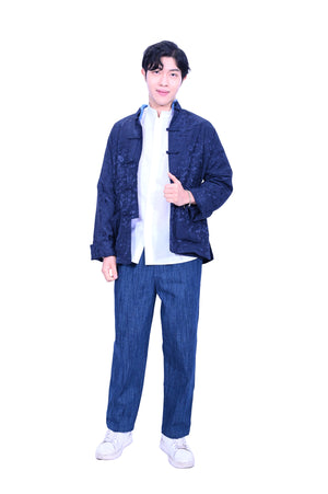 Mandarin Square 男裝灰色真絲八仙花脫毛領真絲棉衣