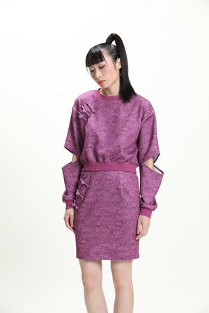 紫色印花女裝剪袖短款上衣