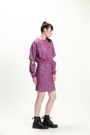 紫色印花女裝剪袖短款上衣