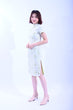 白色蝴蝶拼翠綠短袖旗袍 91998AB-7703